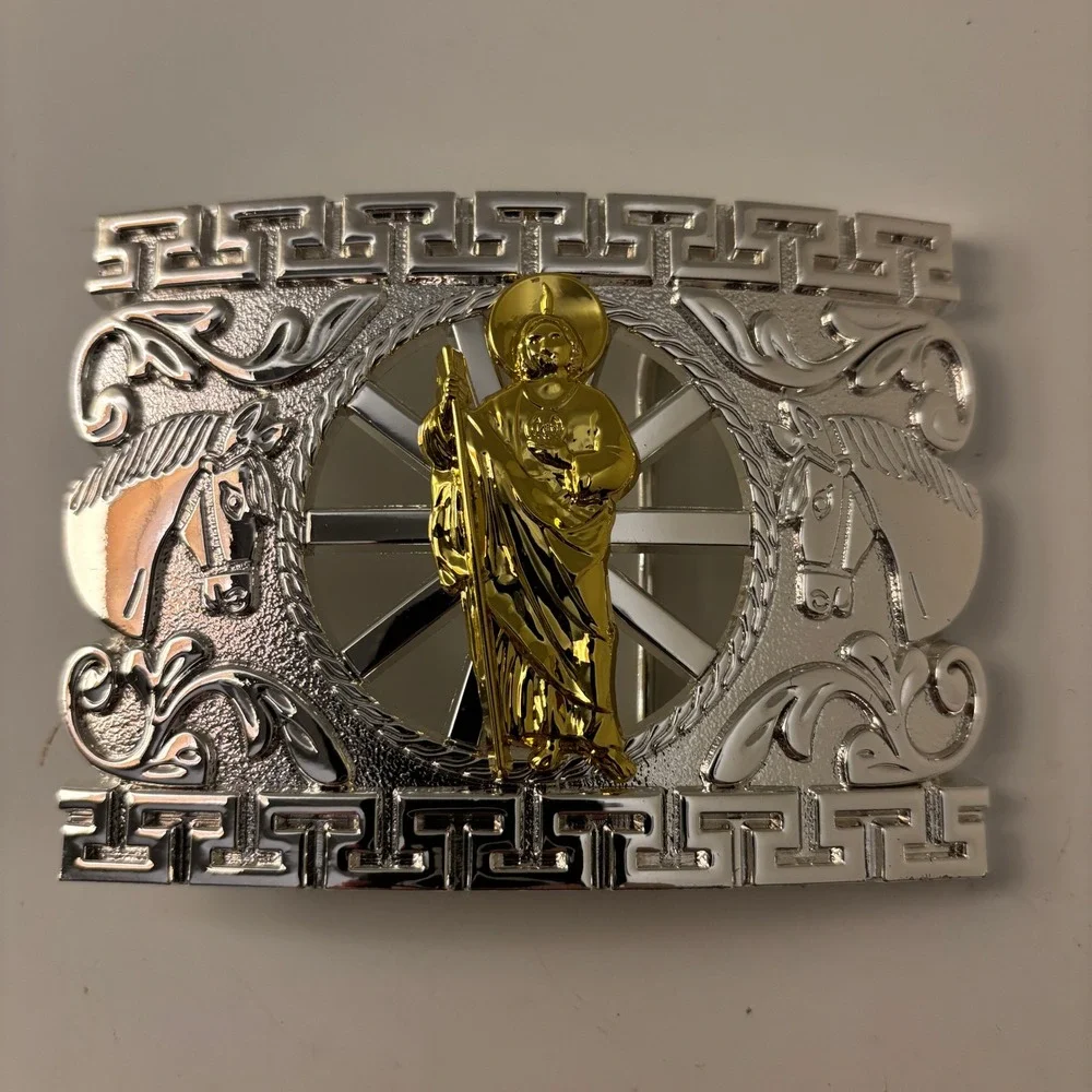 San Judas Tadeo Belt Buckle Mens OS Silver Gold Saint Jude Horse Western Rodeo